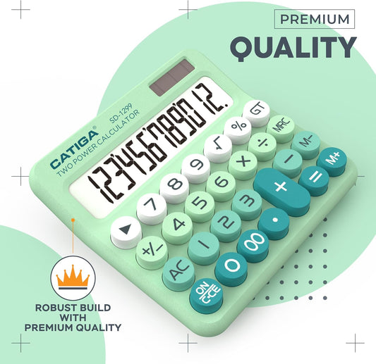 CATIGA Mechanical Switch Calculator with Solar and Battery Dual Power, 12-Digit Large LCD Display, Aesthetic and Cute Desktop Calculator with Big Button, for Home, School and Office Use, SD-1299