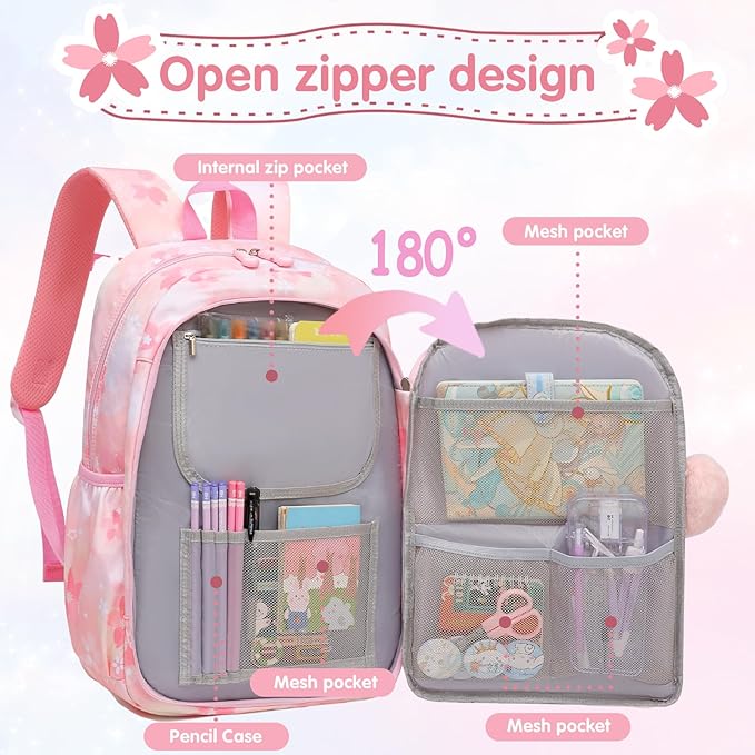 Lovely Girls Backpack School Bag for Students Kids Book Bag with Multiple Pockets Splash-proof Children's Backpack（17inch Pink）