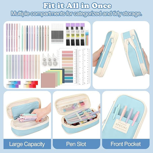 MoKo 60Pcs Aesthetic School Supplies with Cute Pencil Case, 12 Pastel Highlighters, 5 Black Ink Gel Pens, 6 Mechanical Pencil Set 0.5 & 0.7 mm for Students Stationary College Essentials, Blue