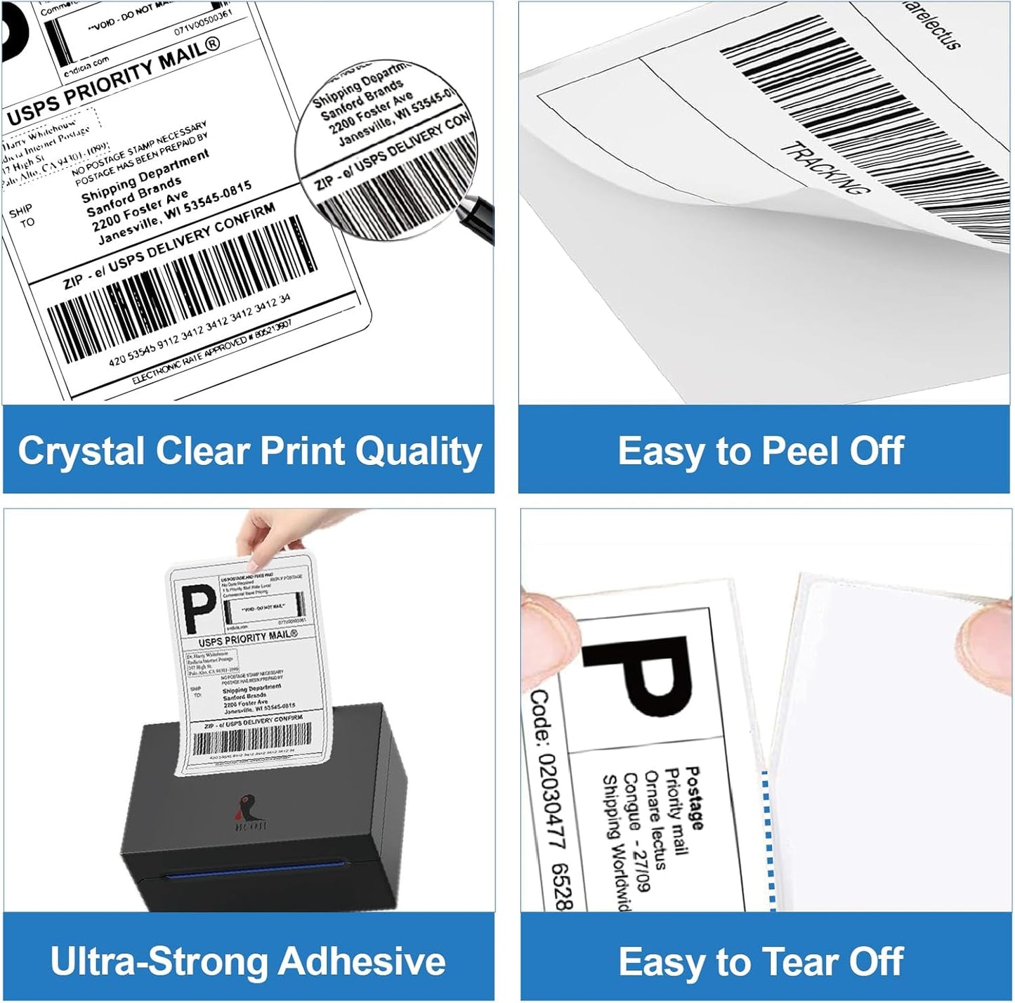 HUOJI 4x6 Direct Thermal Shipping Labels, 4 Stacks 4000 Labels, Fanfold, Compatible with Rollo, Zebra, MUNBYN Printers(Commercial Grade)
