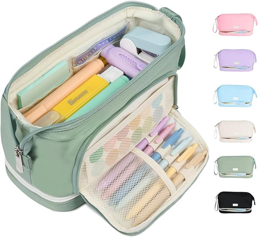 Sooez Big Pencil Case, Extra Large Pencils Pouch, Wide Opening Pen Bag Box with 6 Compartments, Store 200 Pens, Zipper Stationery Organizer, Cute Aesthetic School Supplies for Teen Girls Boys Women