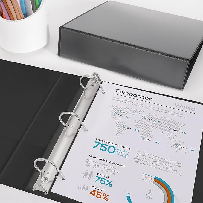 Comix Sturdy 2 Inch D-Ring Binders, 2'' 3 Ring Binder with Clear View Cover, Holds 500 Sheets of 8.5" x 11" Paper, 6 Pack (Black)