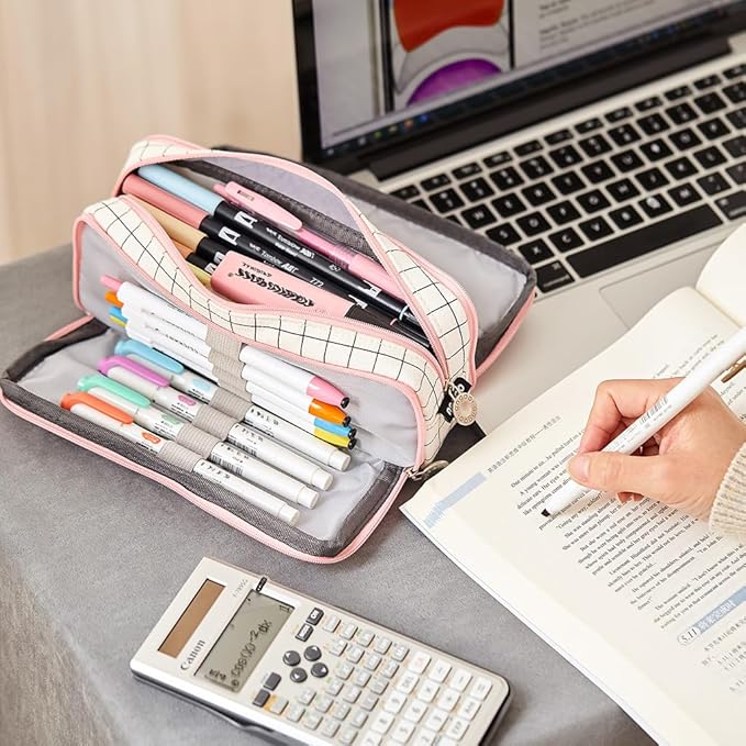 ANGOOBABY Large Pencil Case Big Capacity 3 Compartments Canvas Pencil Pouch for Teen Boys Girls School Students (Pink Strip Black Grid)