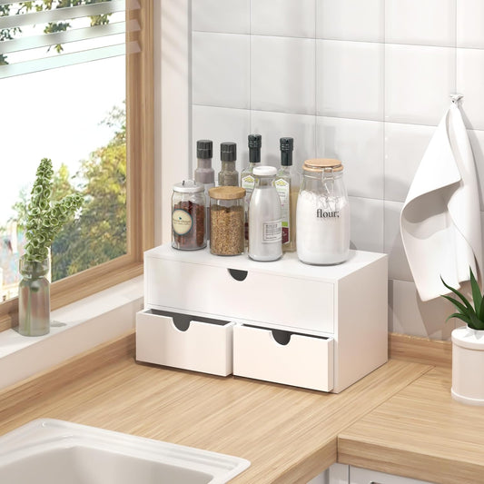 Bamboo Desk Organizer with Drawers Desktop Storage Drawers for Bills Office Supplies Kitchen Utensils Organizing Tool for Home Classroom Organization No Assembly (White)