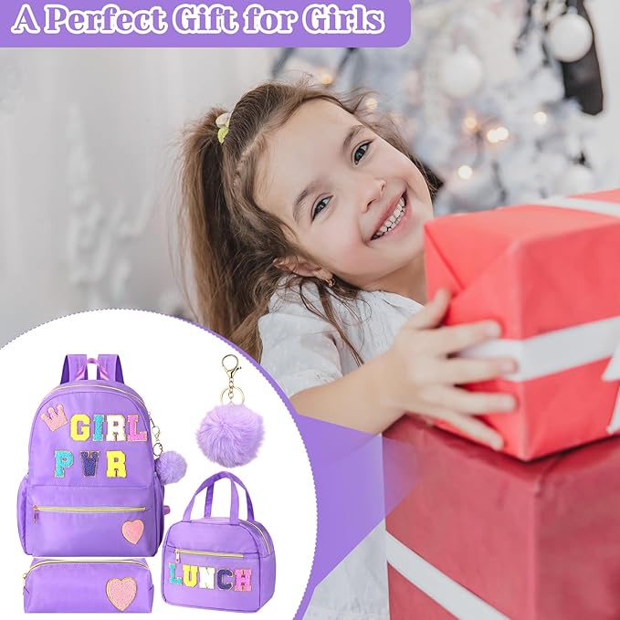 4 Pcs Christmas Child Items Bulk Backpack for Girls Purple Chenille Patch Backpack for School Students Knapsack with Lunch Box Pencil Case Poms Keychains Operation Christmas Items Bulk