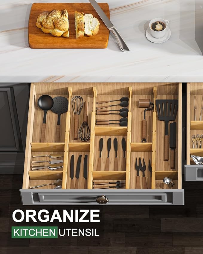 Bamboo Drawer Dividers - Adjustable Drawer Dividers for Clothes, Kitchen, Closet & Office - 8 Pack with Inserts, 18-22.6 Inches, Non-Slip Silicone Ends