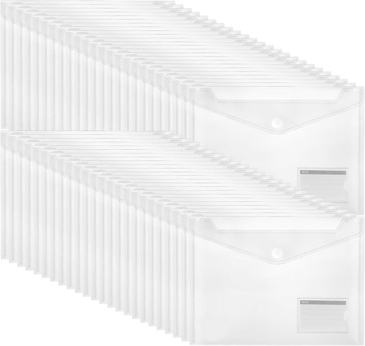 ABSOFINE 48 Pack Plastic Envelope File Folders, Transparent Folders for Documents A4 Letter Size with Label Pocket for School Home Work Office Organizer, Hook & Loop Closure, 100% Clear, Easy Storage