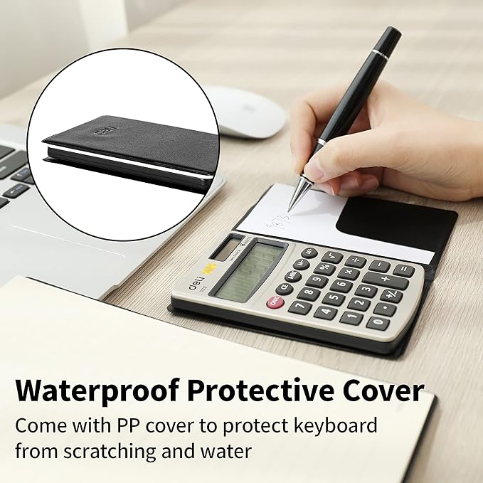 Calculator, Deli Standard Function Basic Calculators, Solar Battery Dual Power Office Calculator with Cover, Metal Panel