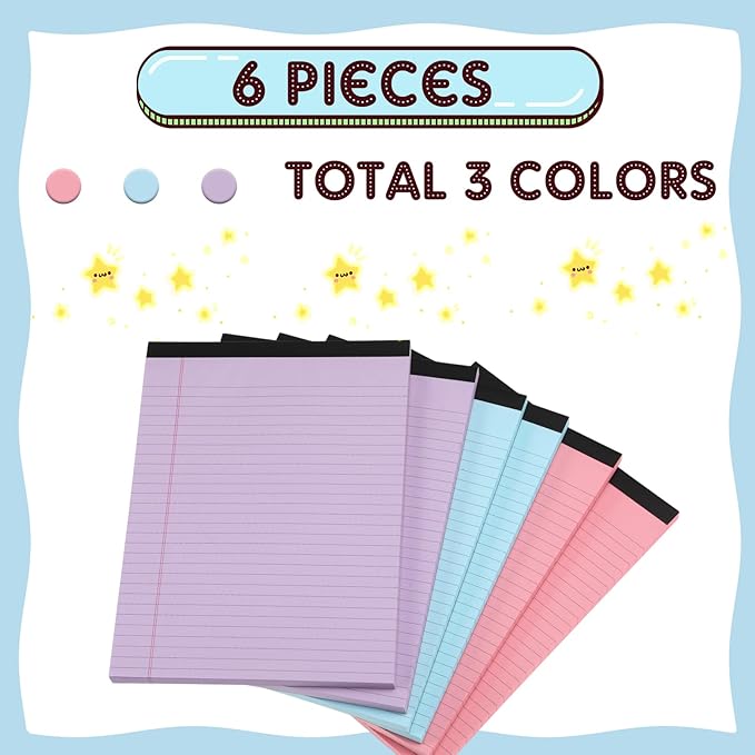 Honoson 6 Pack Legal Pads 8.5 x 11 College Ruled Colored Notepad 600 Sheets Wide Ruled Writing Pads 100 Sheets/pad Lined Paper Bulk for Office School Classroom Teacher Students Supplies, 3 Colors