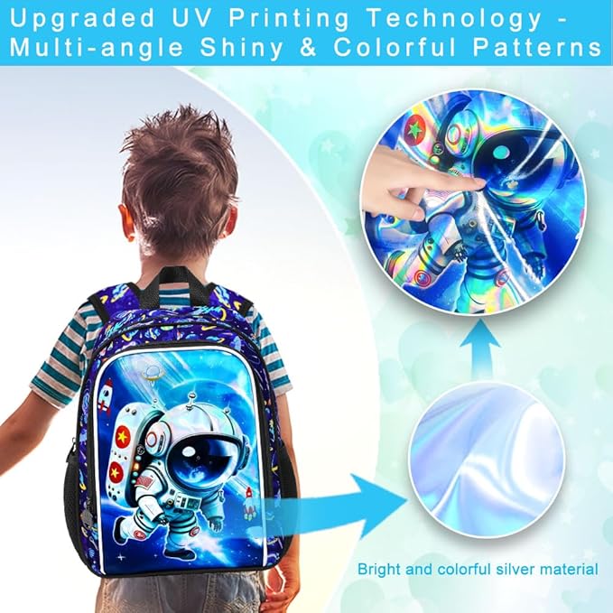 KLFVB Boys Toddler Astronaut Backpack, Water Resistant Kindergarten Bookbag, 13" Preschool Backpacks for Toddler - Astronaut Blue