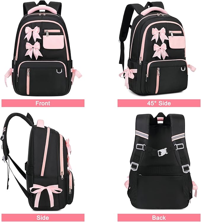 Bevalsa Backpack for Gilrs, Cute School Bags for Kids with Lunch Bag & Pen Case, Bow Bookbag for Girls Children Teens for Elementary Middle High School Student, Back To School Gift (Black Pink)