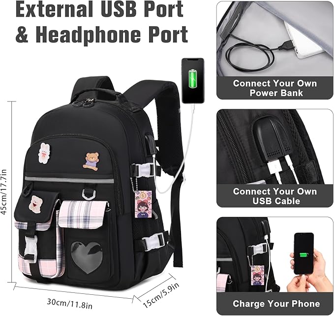 Backpack for Girls - Bookbag Backpacks Schoolbag for Girls Kids Teen Women Casual Travel Daypacks - School Bag Elementary Middle School College Cute Backpack with Lunch Box (Black)