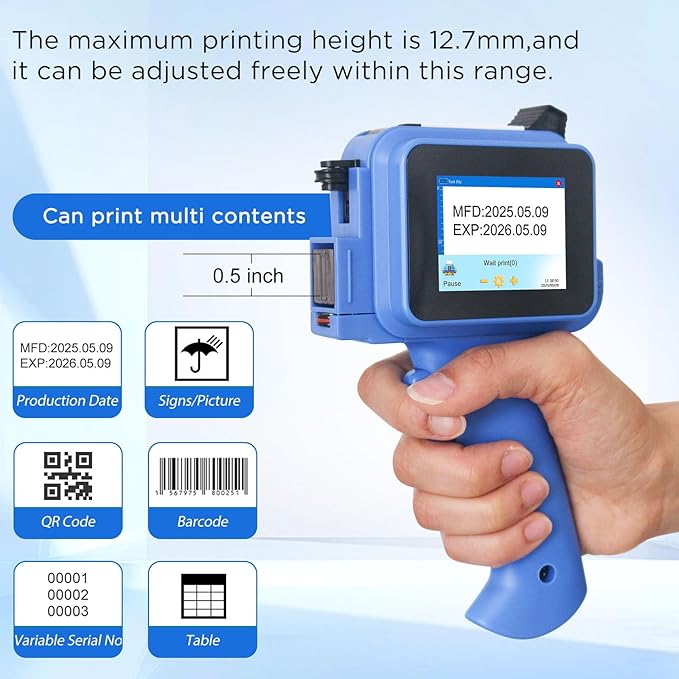 Handheld Inkjet Printer with 42ml Quick-Drying Ink Cartridge, 0.5 Inch Nozzle Ink Jet Coding Machine for EXP Date/Batch Number/QR Code/Barcode/Logo/Text (ZM-C12mini) (Blue)