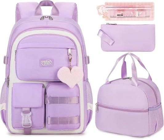 3PCS Girls Backpack For College Middle High School Student Teens Women Bookbag Waterproof Laptop Bag Purple Beige