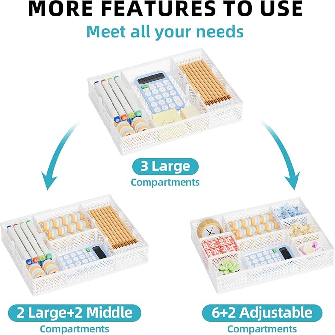 Marbrasse 2 Pack Desk Drawer Organizer, Mesh Drawer Organizer Tray with 8 Adjustable Compartments, Desk Organizers and Accessories, 5 Dividers for Office Supplies, Makeup & Vanity (White)