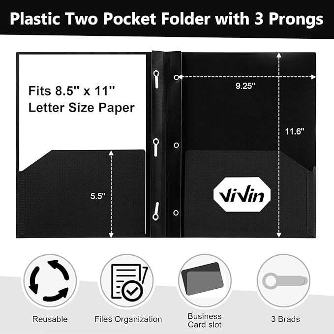 ViVin Sturdy Plastic Folder, 10 Pack, 2 Pocket Folder with Prongs, Holds 9 x 12 Letter Size Sheets, Plastic Folders with Pockets and Prongs, for Office School and Home - Black