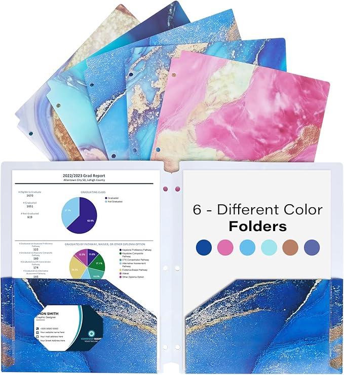 6 Pack Marble Design File Folders with Pockets - Plastic Folder with 2 Pockets & a Business Card Holder, Durable File Folders for Documents, School, Office & Home (Folder with Pockets)