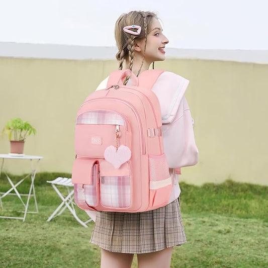 3PCS School Backpack For Student Women College Middle High Teen Girls Bookbag Waterproof Laptop Bag Plaid Pink