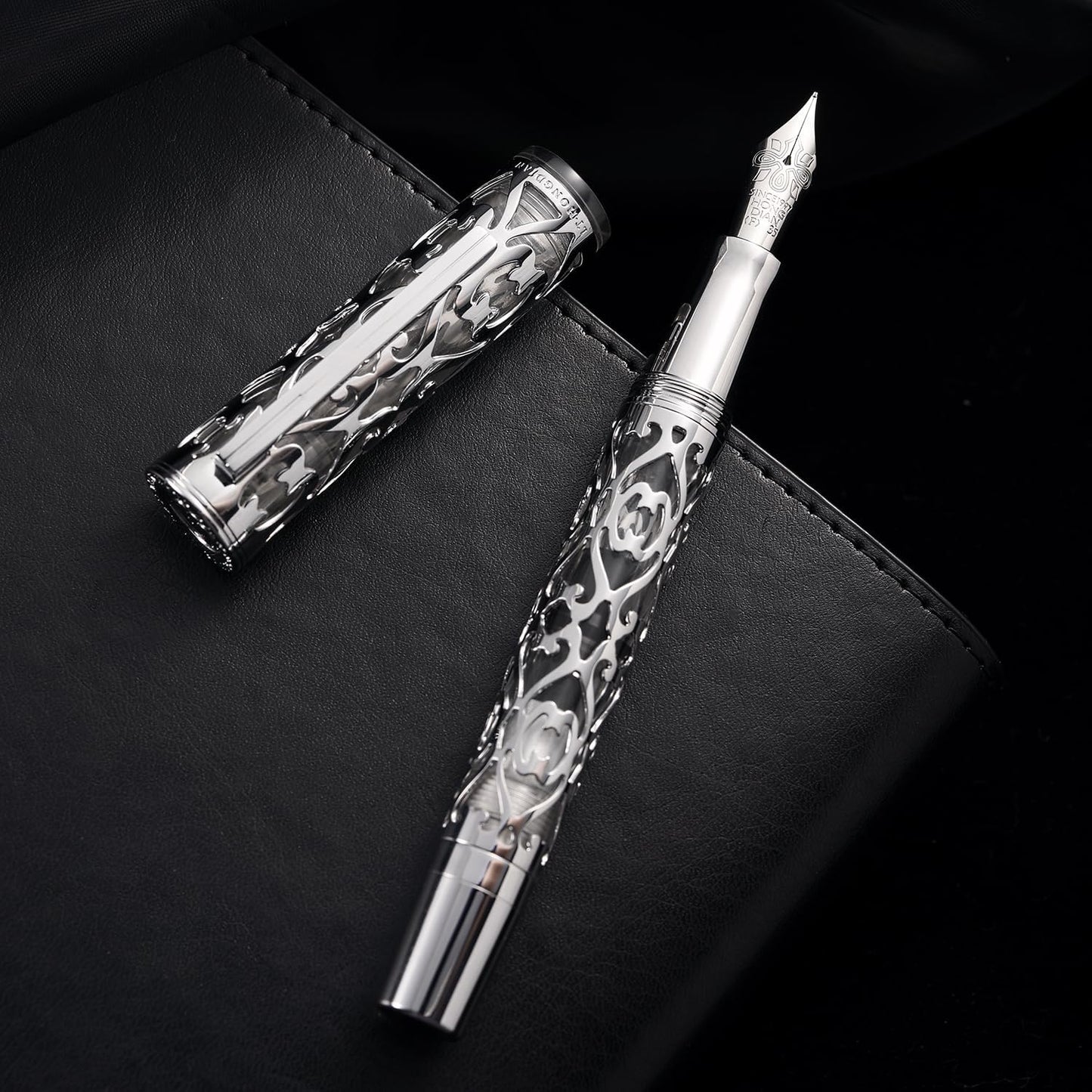 Hongdian D1 Piston Fountain Pen Fine Nib, Hollow Skeleton & Resin with Metal Case Set (Silver)