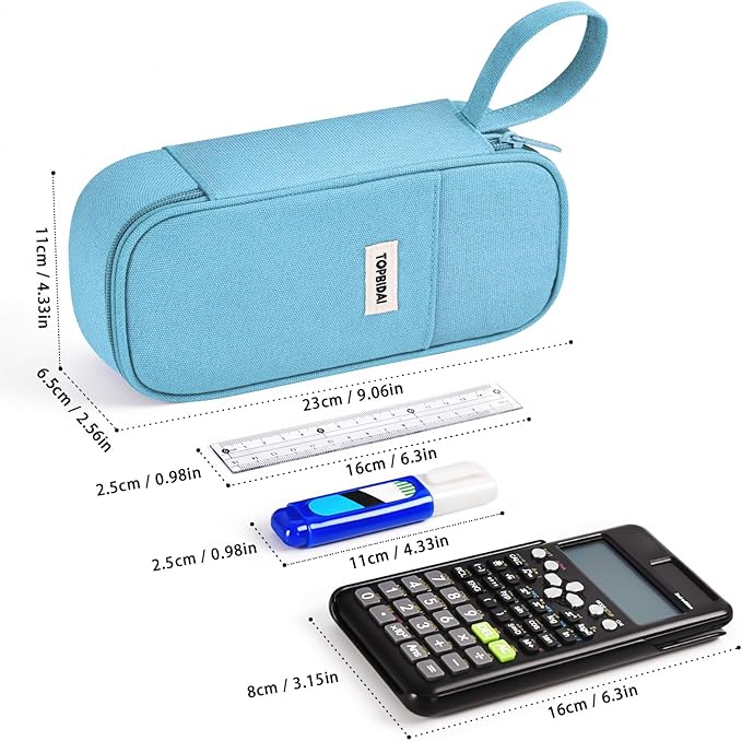 Large Pencil Case Pouch for Girls Boy Kids Children, Big Capacity Canvas Pencil Bag, Office College School Multi Compartment Zipper Stationery Pen Bag (Light Blue)