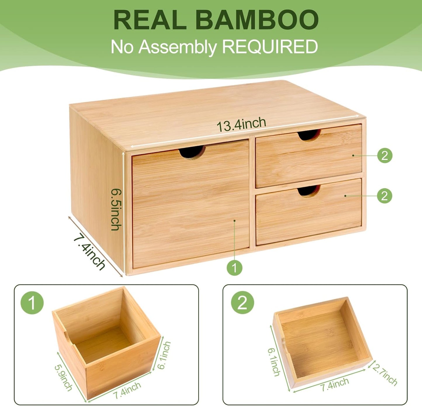 Bamboo Desk Organizer 3 Drawer with Shelf, Countertop Organizer with Drawers Makeup Storage Drawer 3 Drawers Tabletop Storage Organization Box Home Office Workspace