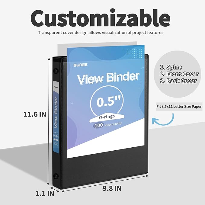 SUNEE 3 Ring Binder 1/2 Inch 12 Pack, Clear View Three Ring PVC-Free (Fit 8.5x11 Inches) for School or Office Supplies, Black