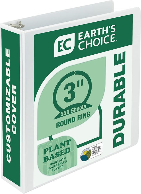 Samsill Plant-Based 3 Inch Durable Round Ring, Made in USA, View Binder, Eco-Friendly, USDA Certified Biobased, Single, White