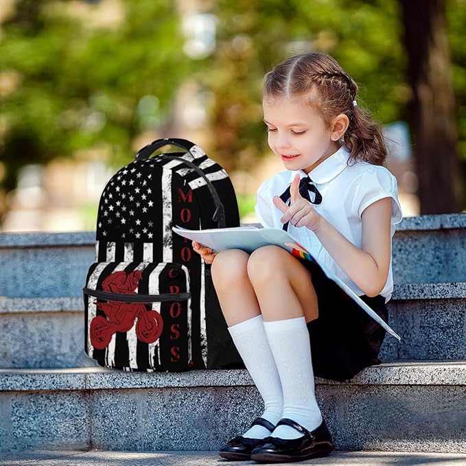 Dirt Bike Backpack for Boys American Flag Motocross School Bookbag Vintage Black White and Red Racing Motorcycle College Shoulders Back Pack for Travel Hiking Camping