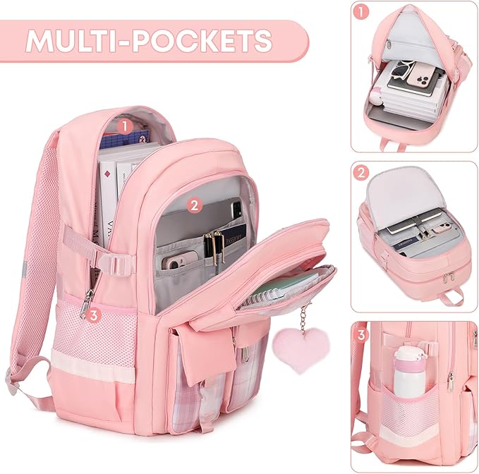 3PCS School Backpack For Student Women College Middle High Teen Girls Bookbag Waterproof Laptop Bag Plaid Pink