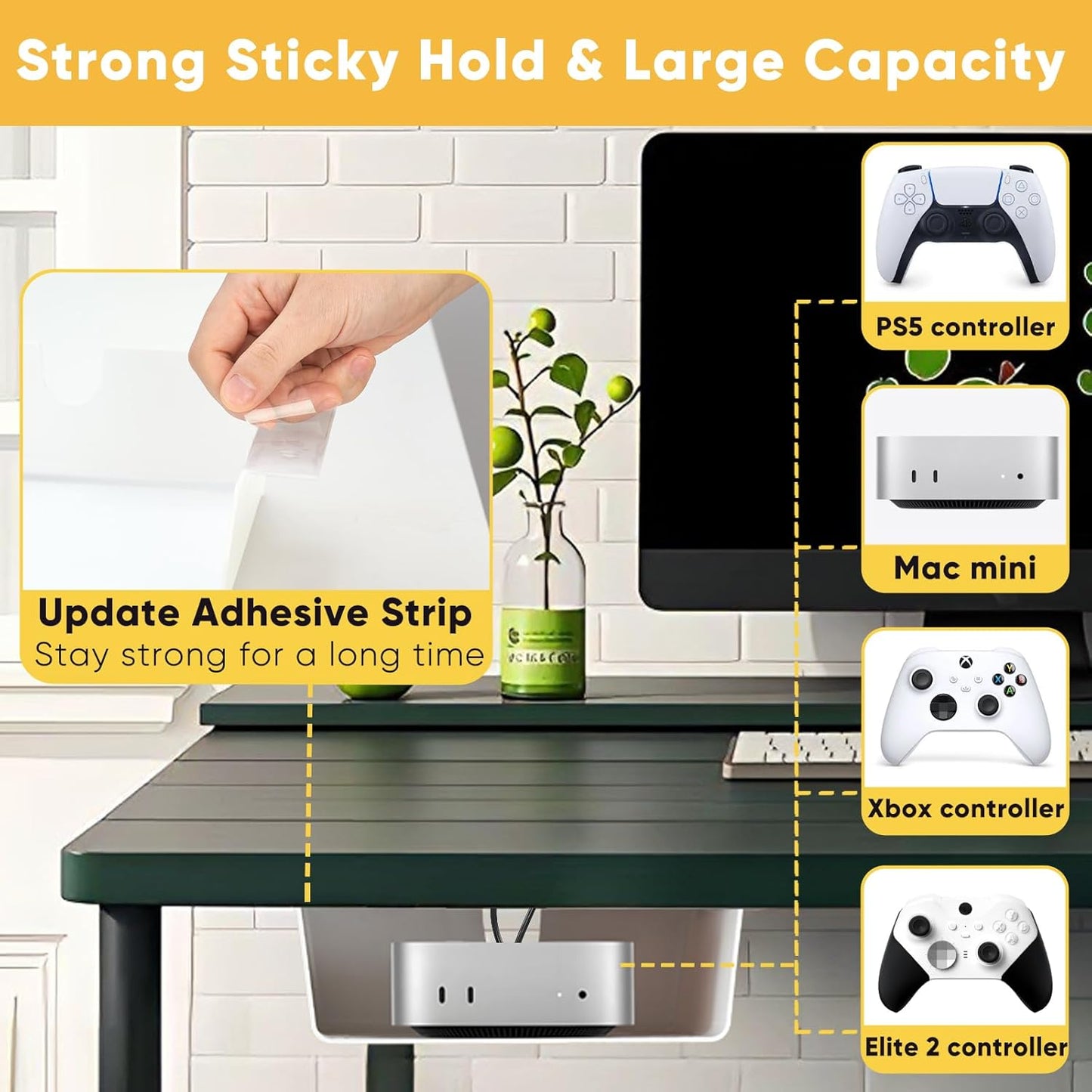 2 Pack Under Desk Hanging Shelf Drawer Organizer, Attachable Plastic Hidden Storage Tray, Easy Adhesive Mount Holder for Standing Tables, Office, Counters, Cabinets, Workstations - White