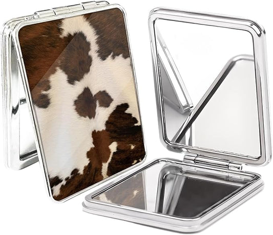 Compact Pocket Mirror, Cute Travel Mini Mirror with Magnification, Foldable Double-Sided Portable Cosmetic Mirror for Men, Women Cowhide Brown Skin