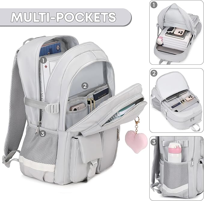 3PCS Backpack For School Women College Middle High Teen Girls Student Bookbag Waterproof Laptop Bag Grey