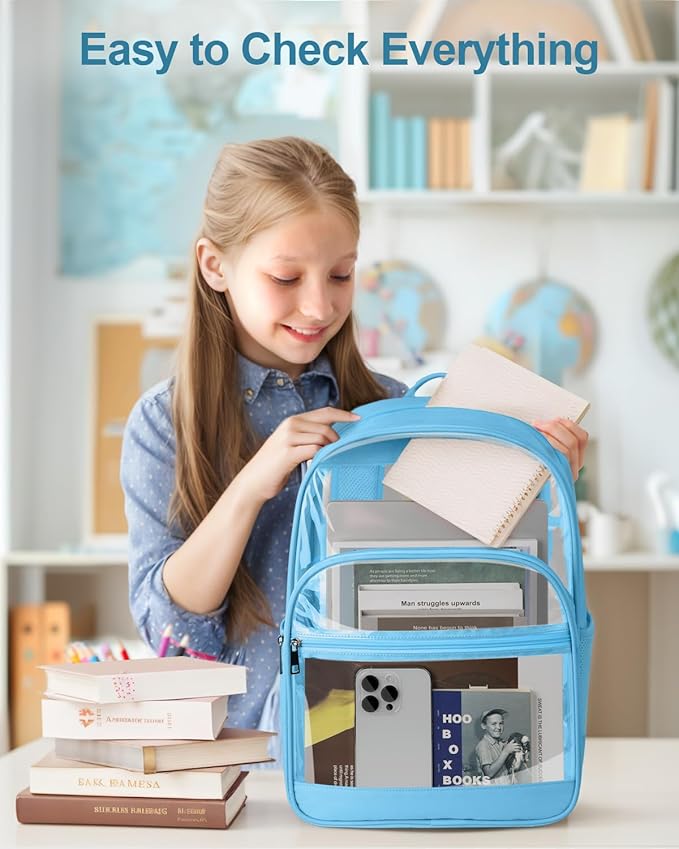 Clear Backpack, Heavy Duty Transparent Bookbag for School, Fabric & PVC Transparent Backpack with Reinforced Strap for Women Men, Capacity Clear Bag for College, Sky Blue