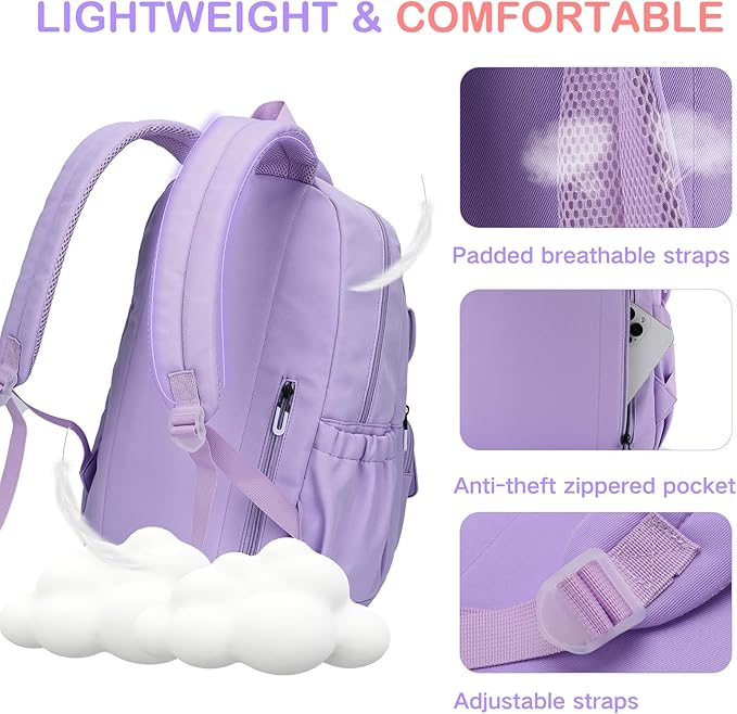 VASCHY Backpack for Girls, Cute School Bag Bookbag for Elementary Middle Schooler Teen Girls/Kids Travel with Clear Pin Pouch Purple