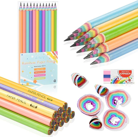 12PCS Eco-friendly Wood & Plastic Free Recycled Rainbow Paper Pencils #2 HB Pencils Number 2 Pencils Erasers Toppers with Pencil Sharpener, Macaron Paper Pencils for School and Office Supplies
