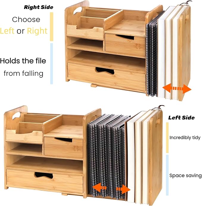 ZOOFOX Bamboo Desk Organizer with Adjustable File Holder, Mail Organizer Countertop with Drawer, 4-Tier Desktop Organization and Desk Accessories for Home Office School Supplies, No Assembly Required