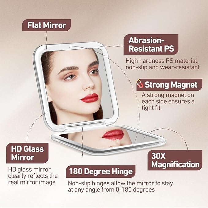30X Magnifying Mirror, Pocket Travel Makeup Mirror, Small Compact Mirror for Women, 2-Sided Mini Mirrors for Home and Outside, Portable Multi-Purpose Travel Mirror, Precision Tweezers, Rose