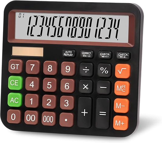 Standard Desktop Calculator, Dual Power (Solar & AA Battery), 14-Digit Large Display, Multifunctional Office Calculator (Black)