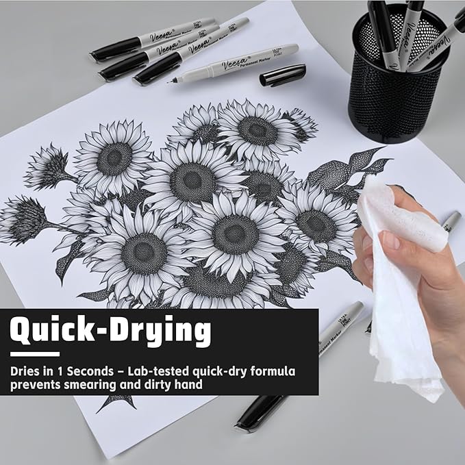 VEESA Permanent Markers Ultra Fine Point, 60 Pack, 0.4mm Black Permanent Markers, Waterproof, Fade-Resistant, Quick Drying, Back to School Supplies