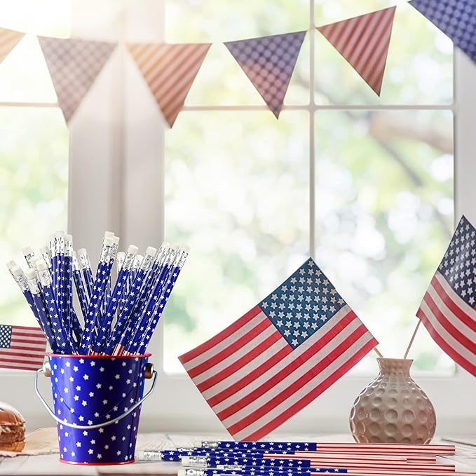 Zuazaor 200 Piece Student Cute Wooden Pencils in Bulk American Flag Pencils with Eraser Wood Graphite Pencil for Kids Girls Boys (American Independence Day)