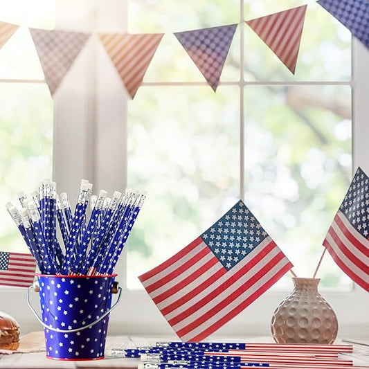 Zuazaor 200 Piece Student Cute Wooden Pencils in Bulk American Flag Pencils with Eraser Wood Graphite Pencil for Kids Girls Boys (American Independence Day)