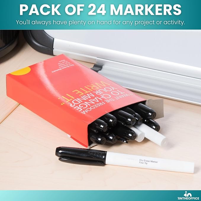 1InTheOffice Markers, Black Bullet Tip, 24 Pack Dry Erase Markers for Whiteboard