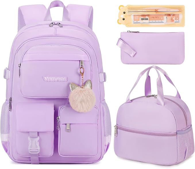 3PCS School Backpack For Student Women College Middle High Teen Girls Bookbag Waterproof Laptop Bag Purple