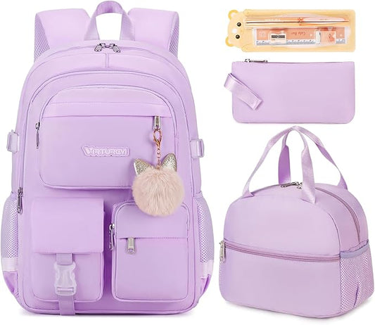 3PCS School Backpack For Student Women College Middle High Teen Girls Bookbag Waterproof Laptop Bag Purple
