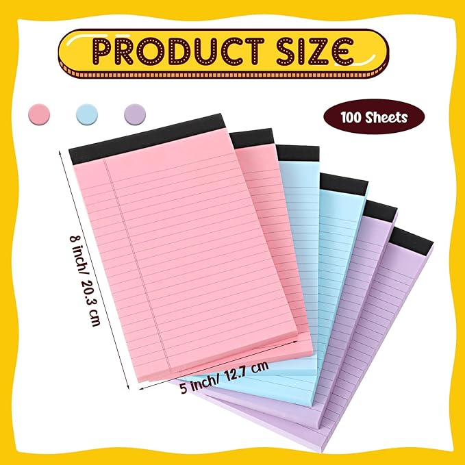 Honoson 6 Pack Legal Pads 5 x 8 College Ruled Colored Notepad 600 Sheets Wide Ruled Writing Pads 100 Sheets/pad Lined Paper Bulk for Office School Classroom Teacher Students Supplies, 3 Colors