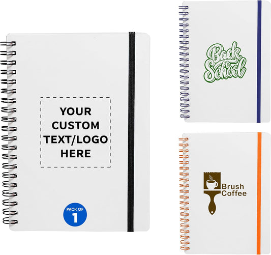 DISCOUNT PROMOS 1 White Spiral Notebooks with Elastic Band Pack - Customizable Text, Logo - 80 lined pages, Recycled - Black
