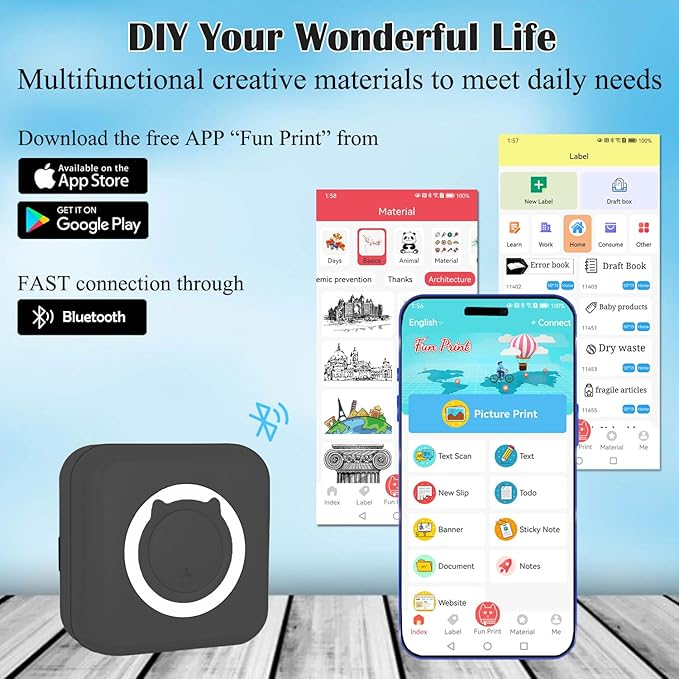 Mini Thermal Inkless Sticker Printer with 14 Rolls Paper, Compatible with iPhone/Android Phone/Tablet, Mini Pocket Printer for Photos/Stickers/Labels/Notes, Black