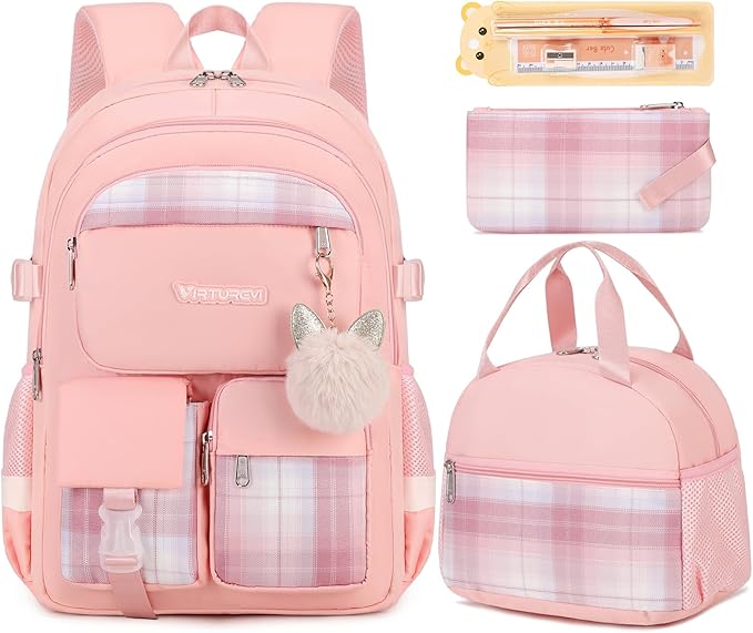 3PCS School Backpack For Student Women College Middle High Teen Girls Bookbag Waterproof Laptop Bag Plaid Pink