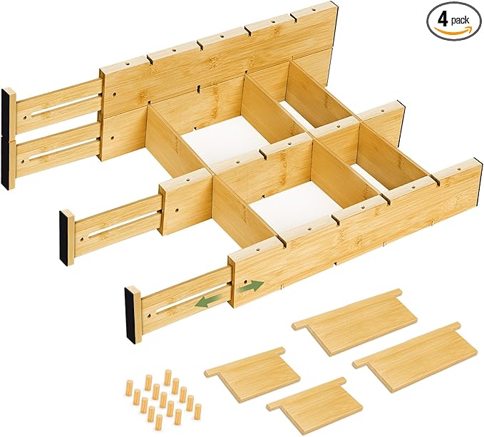 Bamboo Drawer Dividers 4PCS with Inserts, Expandable Kitchen Utensil Drawer Organizers,Adjustable drawer organizer for deep drawers Dresser Closet Underwear Storage Bedroom Bathroom Drawers(16.6"-22")