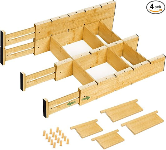 Bamboo Drawer Dividers 4PCS with Inserts, Expandable Kitchen Utensil Drawer Organizers,Adjustable drawer organizer for deep drawers Dresser Closet Underwear Storage Bedroom Bathroom Drawers(16.6"-22")